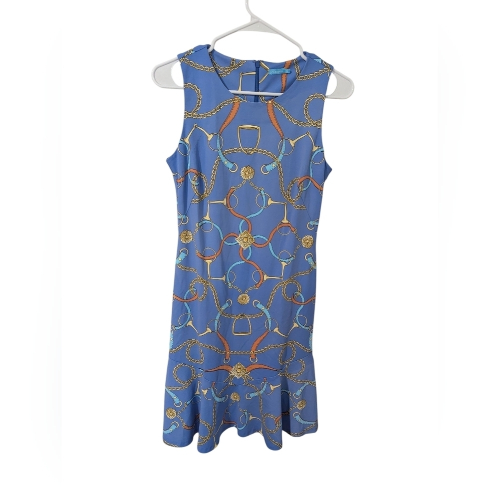 J. McLaughlin Blue and Orange Equistrian Pattern Mini Dress,Size Xs